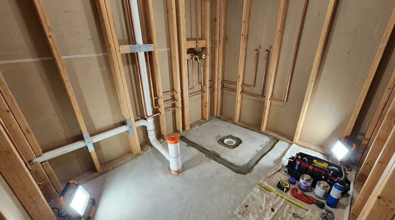 Bathroom rough-in plumbing during remodel by Johns Plumbing LLC in Ridgecrest