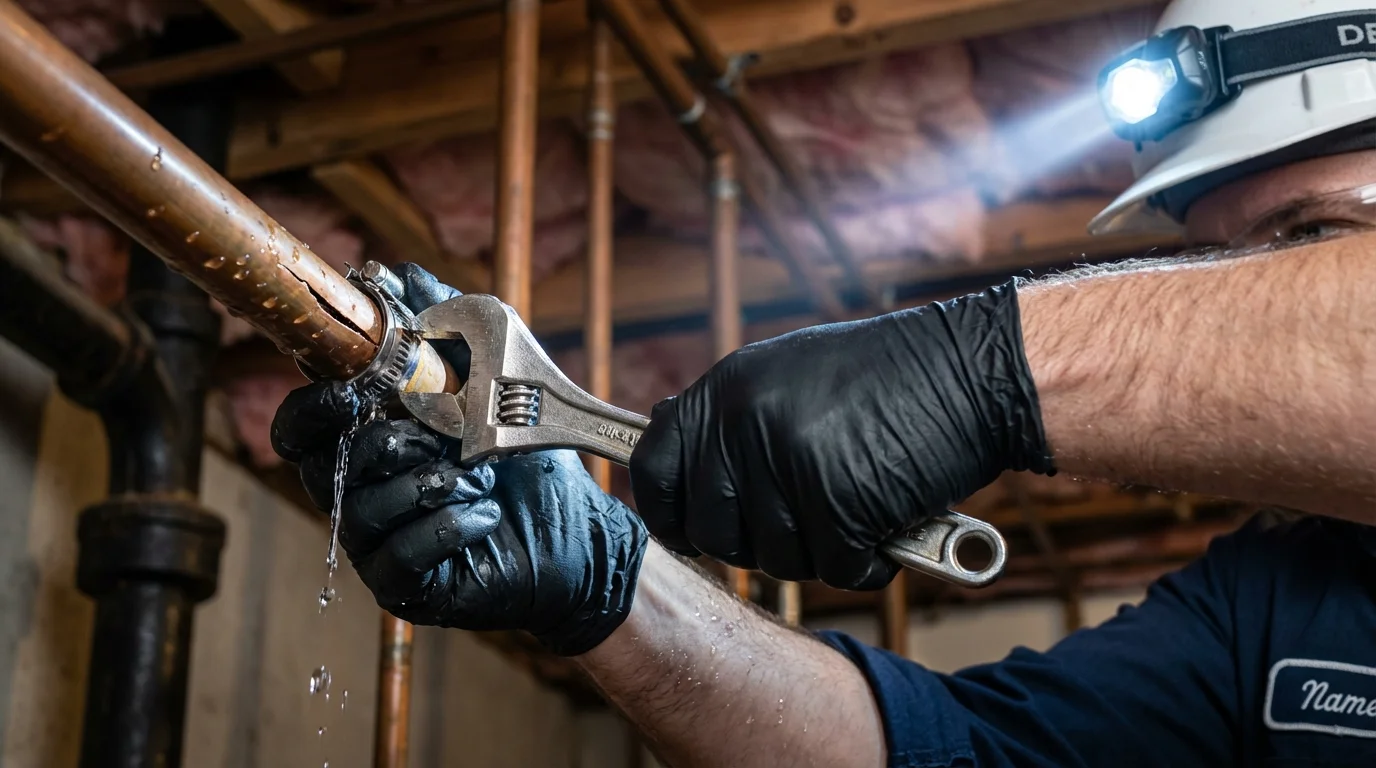 Emergency pipe clamp repair being performed by a Johns Plumbing LLC plumber in Ridgecrest