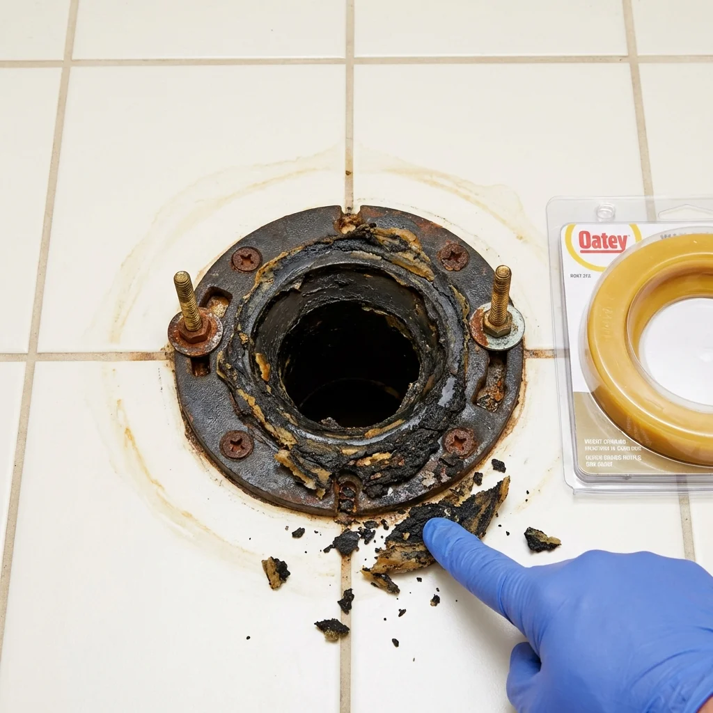 Failed wax ring showing water seepage at the base of a toilet in a Ridgecrest, CA home