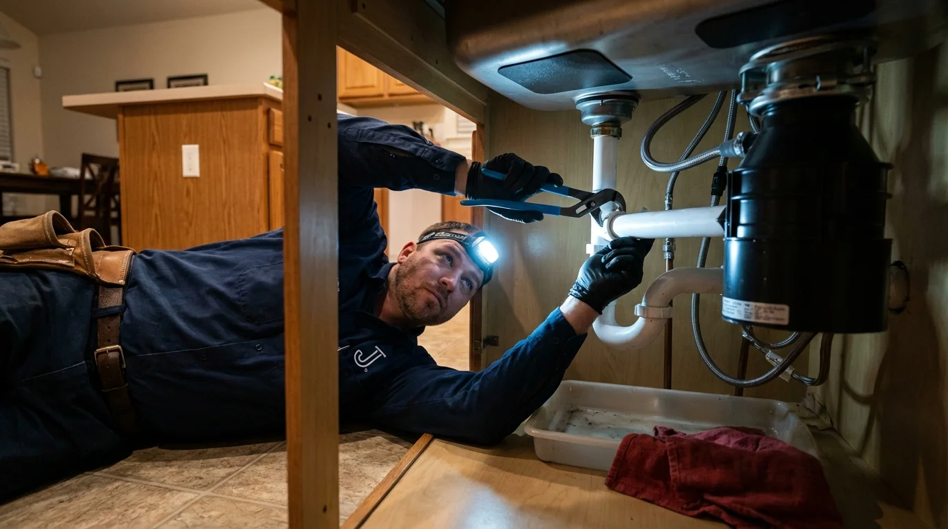 P-trap and supply line connections under a kitchen sink showing a common leak point in Ridgecrest, CA